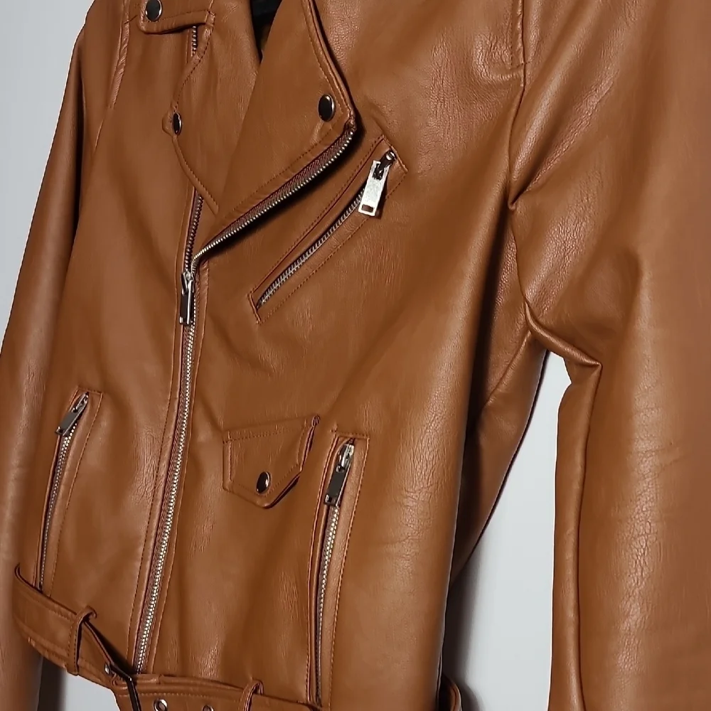 LOVE TREE Tan Vegan Leather Moto Jacket Brown Zip Up Size Small - Picture 7 of 16